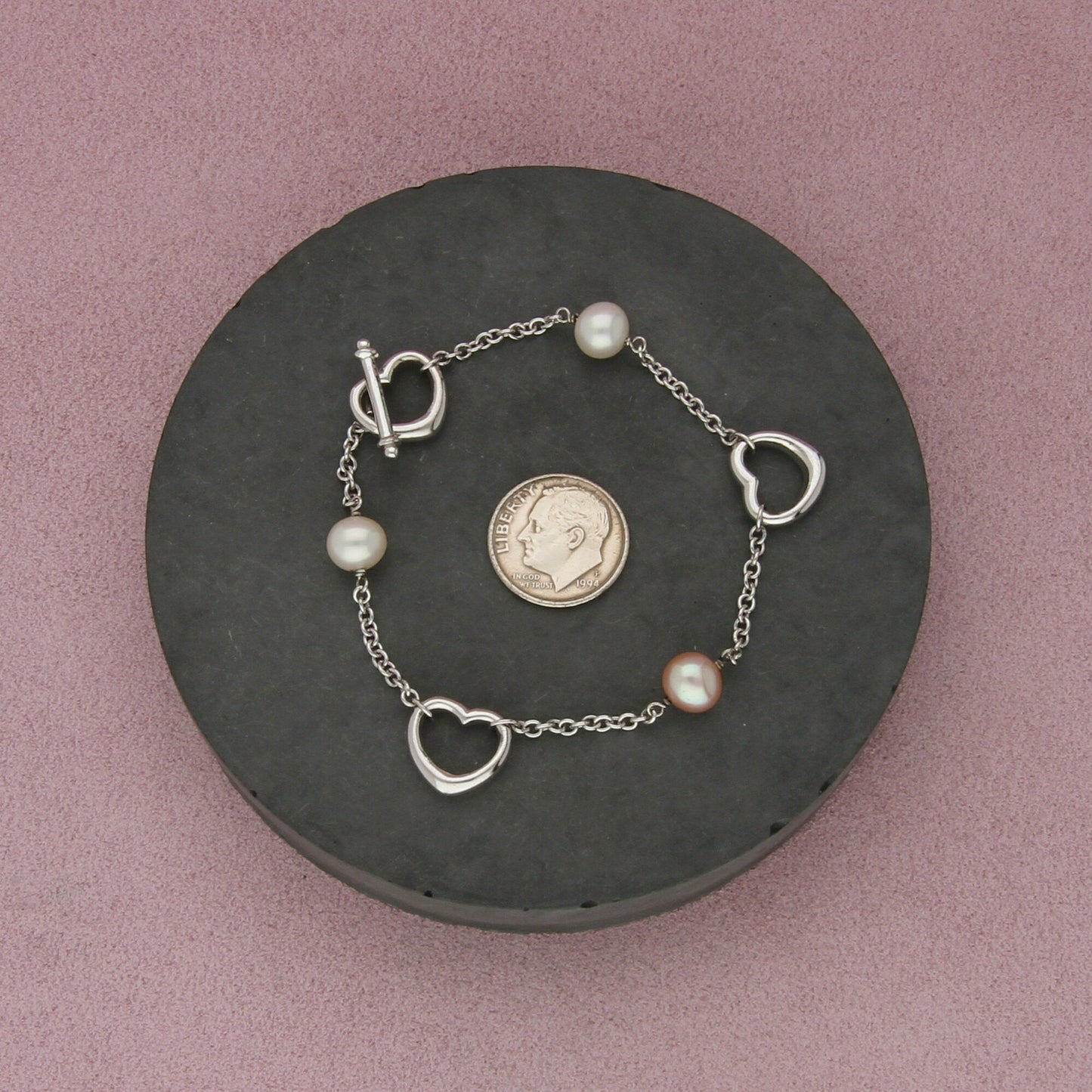 sterling silver pearl & heart station toggle bracelet size 7.5in