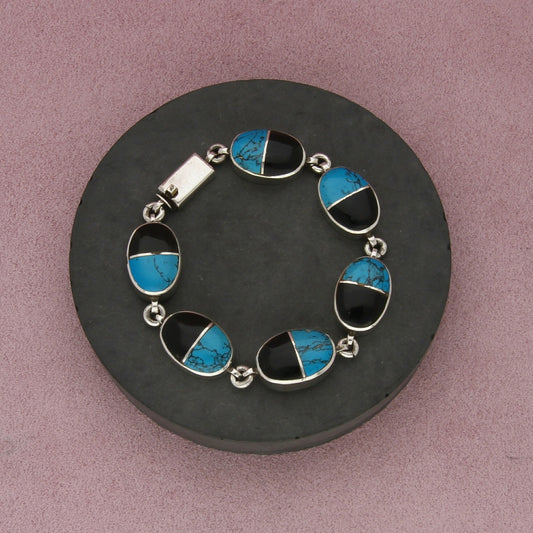taxco mexico sterling silver vintage turquoise & onyx link bracelet size 6.5in