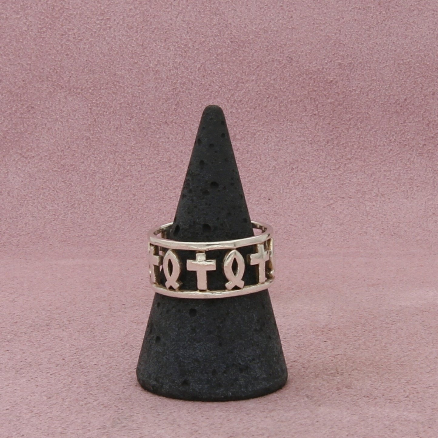 sterling silver ichthus fish & cross band ring size 9.5