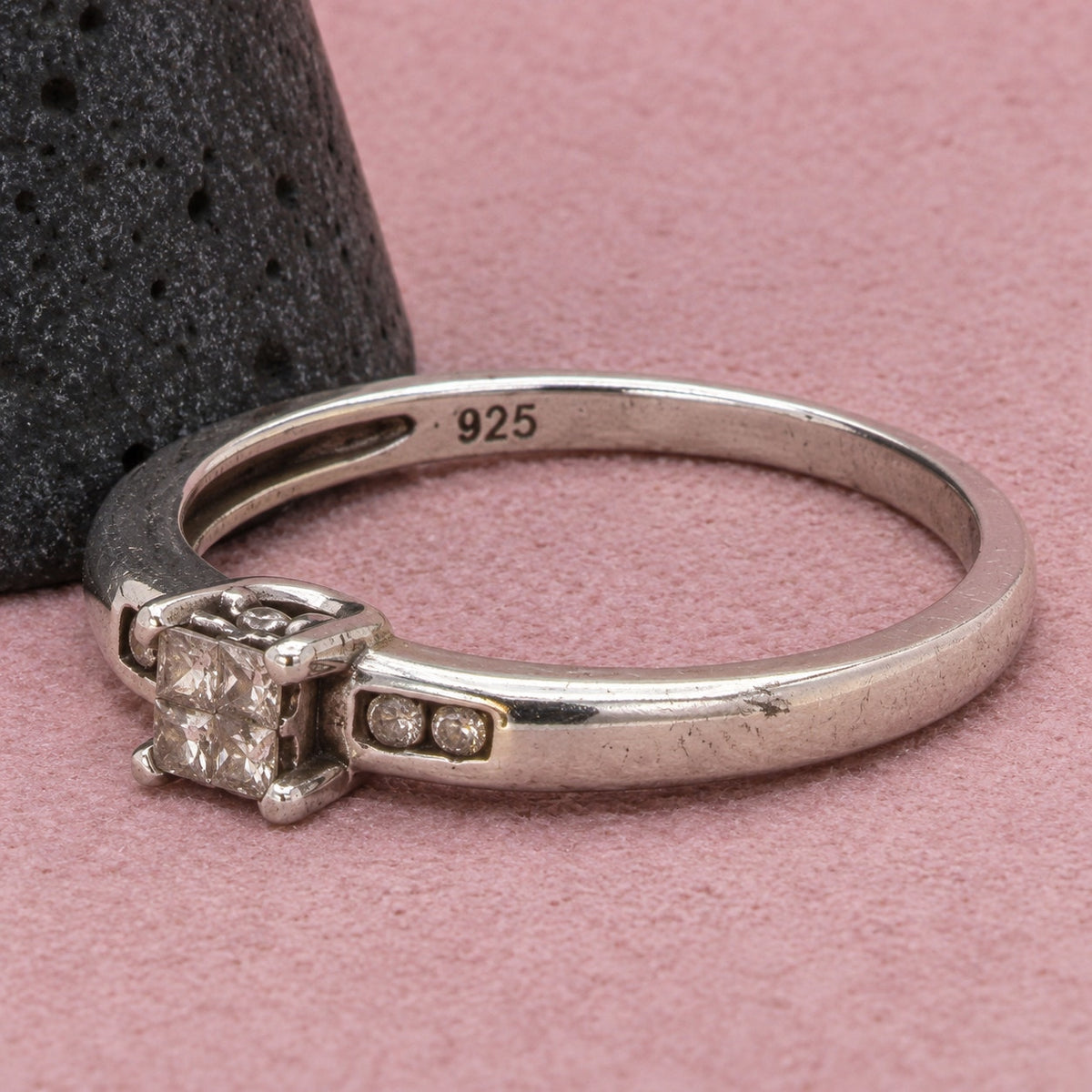 Zales Sterling Silver Diamond Square Cluster & Channel Accents Ring Size 7