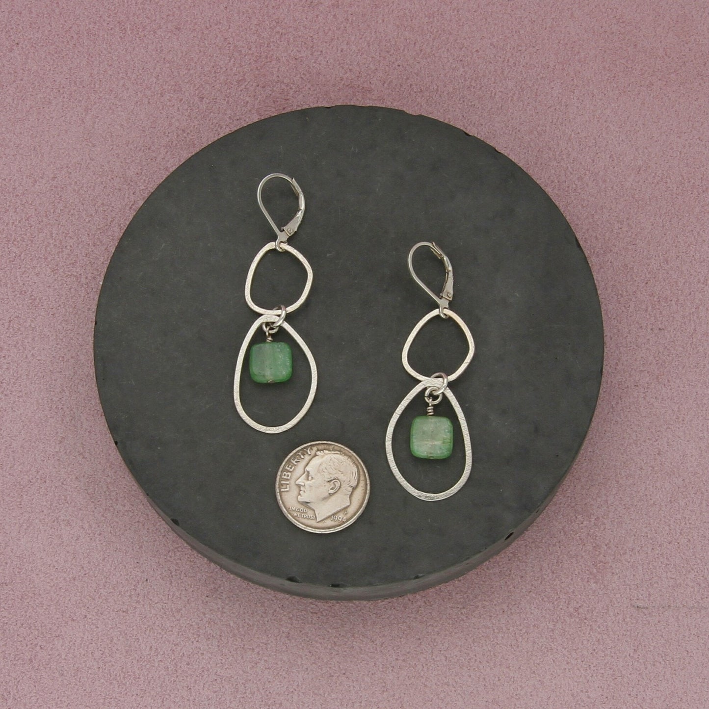 sterling silver green jade dangle leverback earrings