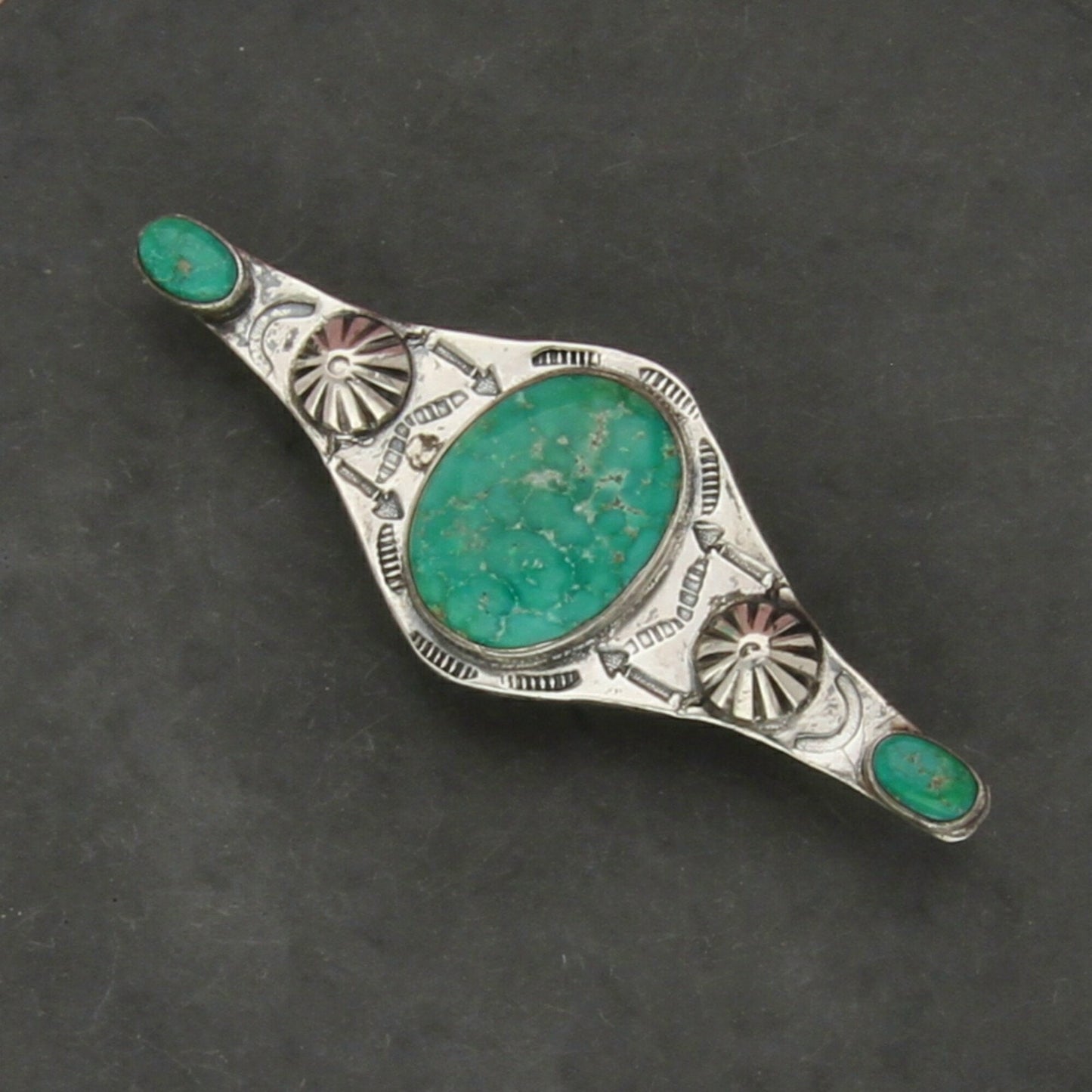 navajo sterling silver vintage turquoise hand-stamped concho bar brooch
