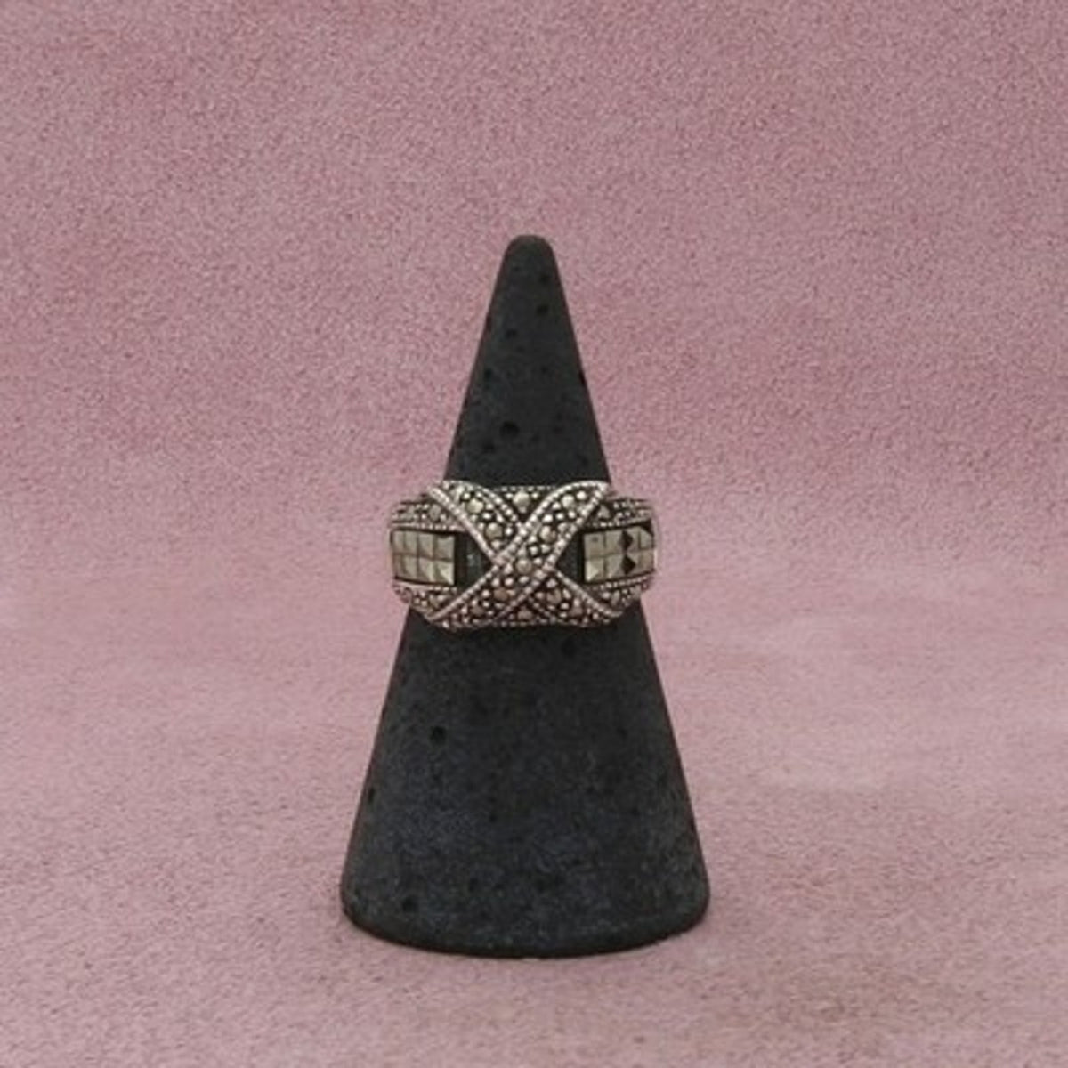 Sterling Silver Marcasite Studded X Dome Ring Size 5.5