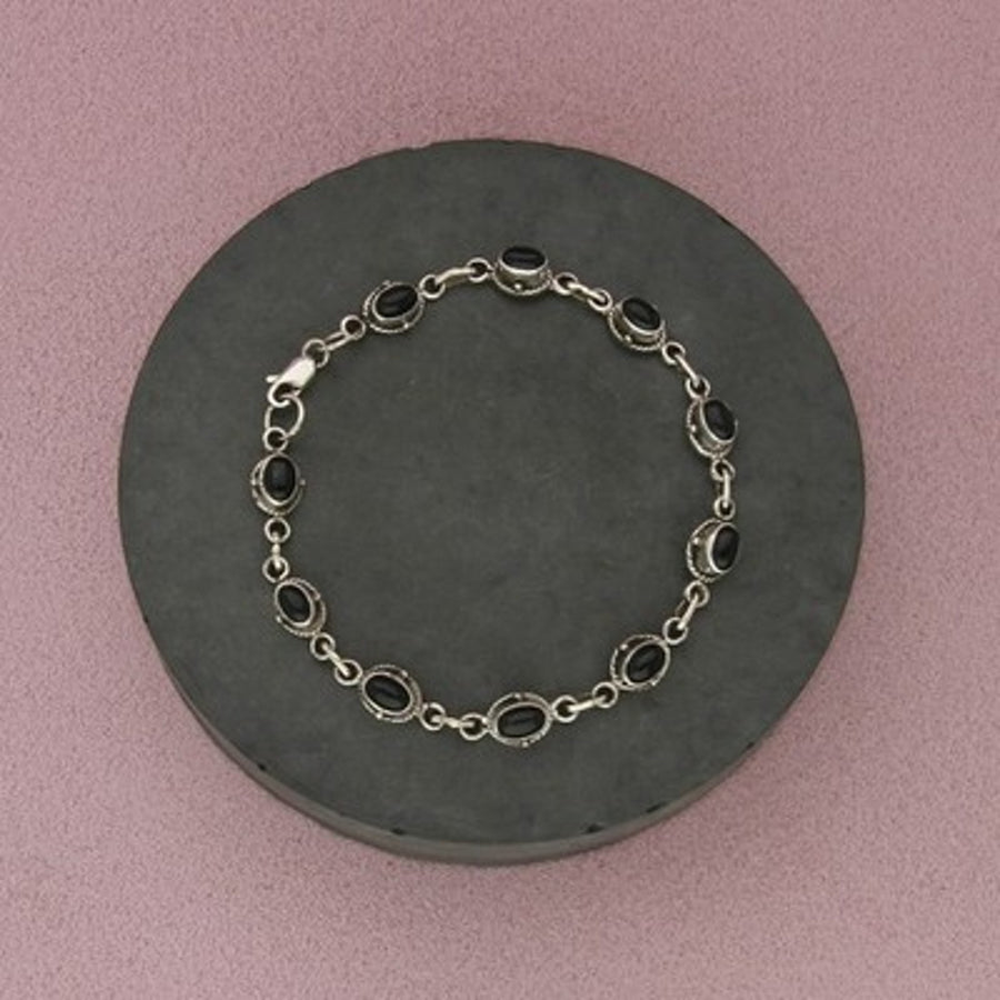 Sterling Silver Vintage Braided Bezel Oval Black Onyx Link Bracelet Size 7.25in