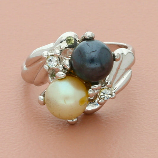 uncas white gold plated vintage pearl duo with cz accents ring size 6