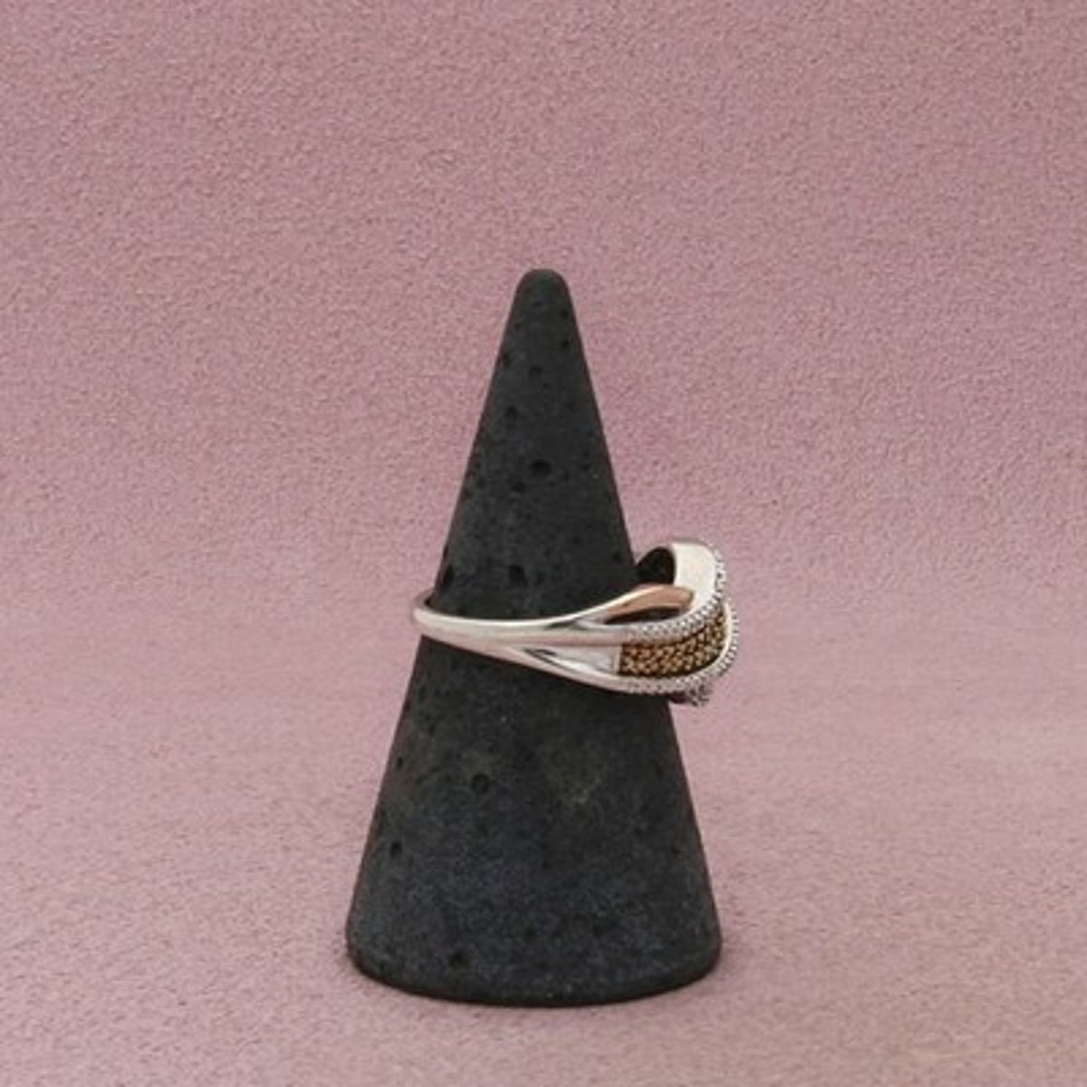 Danbury Mint Sterling Silver Two Tone Diamond Wave Beaded Detail Ring Size 6.75