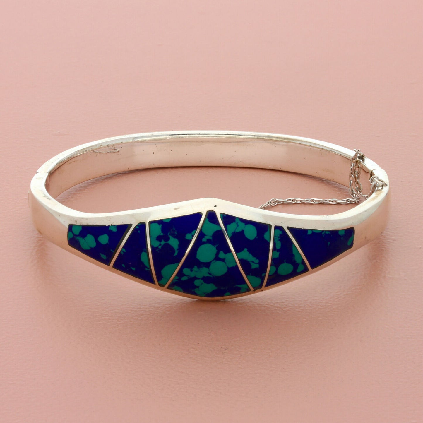 taxco mexico sterling silver azurite malachite inlay bangle bracelet size 6.75in