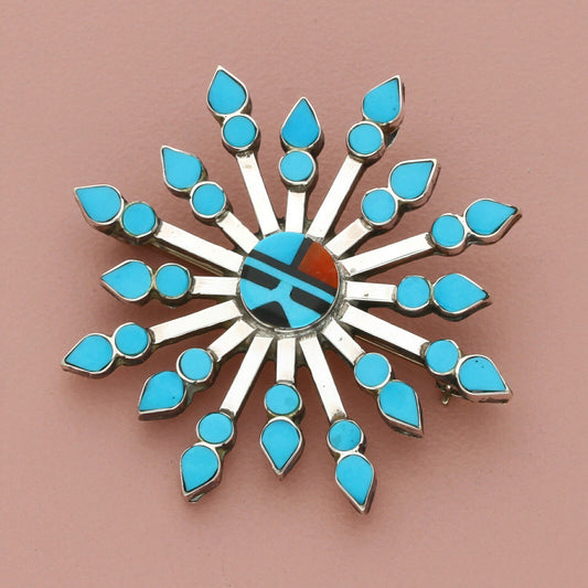 zuni sterling silver vintage vera halusewa turquoise sunface pendant brooch