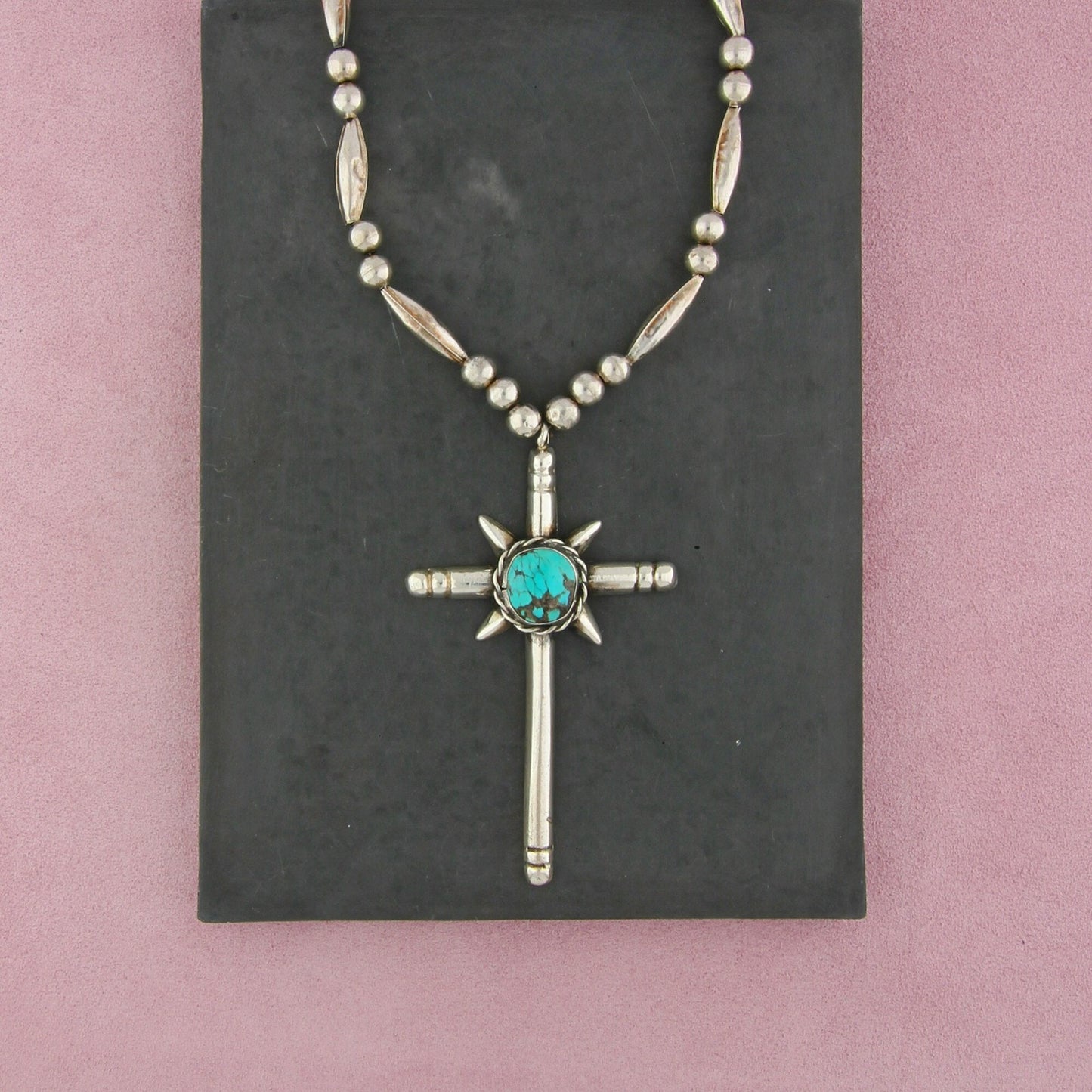 navajo sterling silver vintage huge turquoise cross bead necklace size 27in