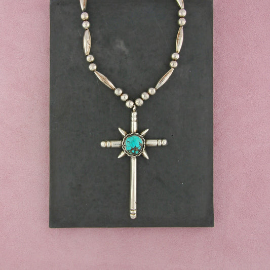 navajo sterling silver vintage huge turquoise cross bead necklace size 27in