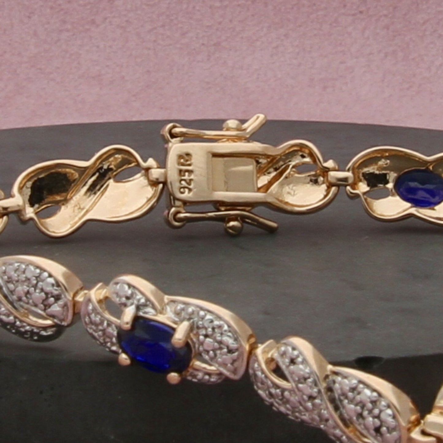 sterling silver gold plate sapphire x tennis bracelet size 7.5in