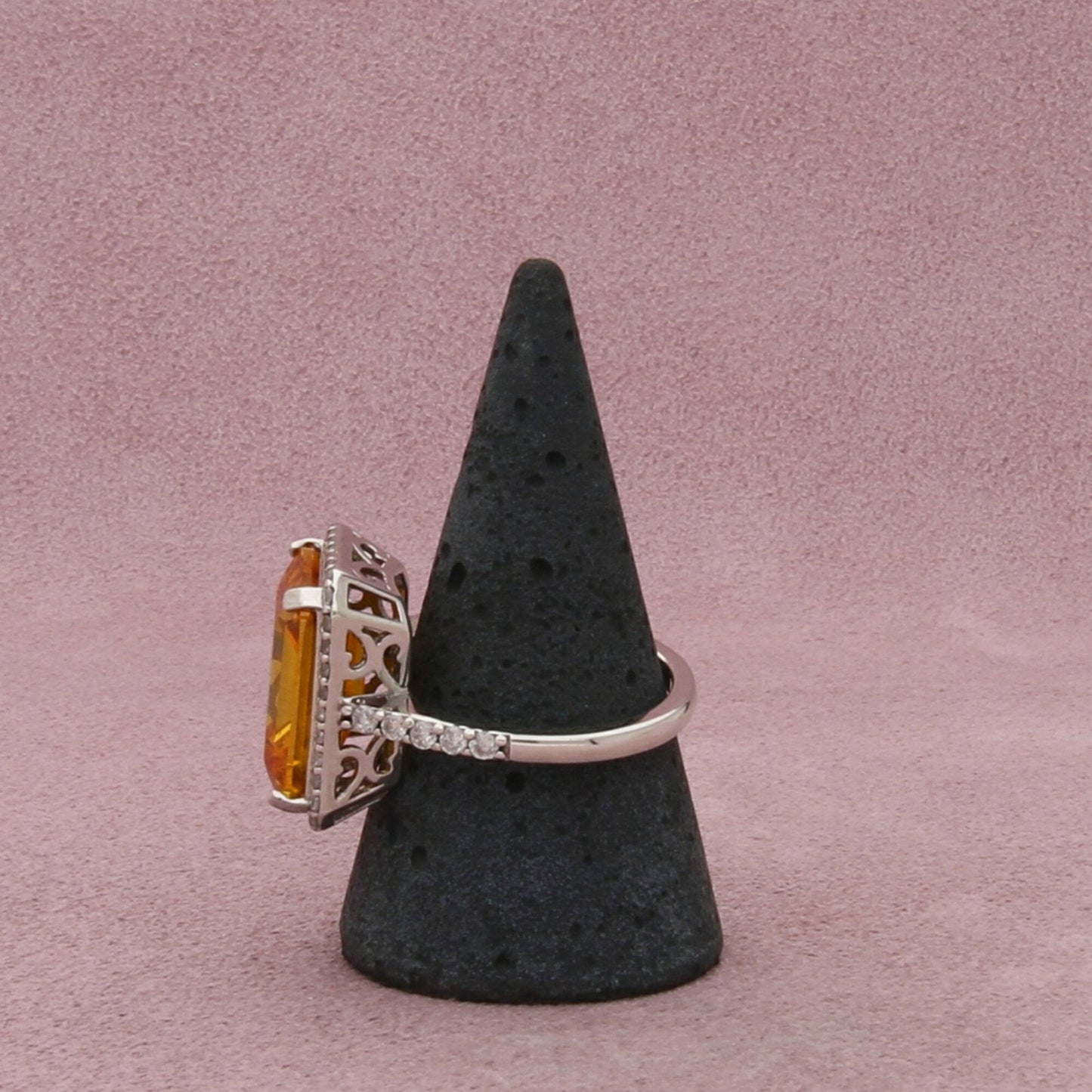 sterling silver emerald-cut yellow cz & halo cocktail ring size 9.75