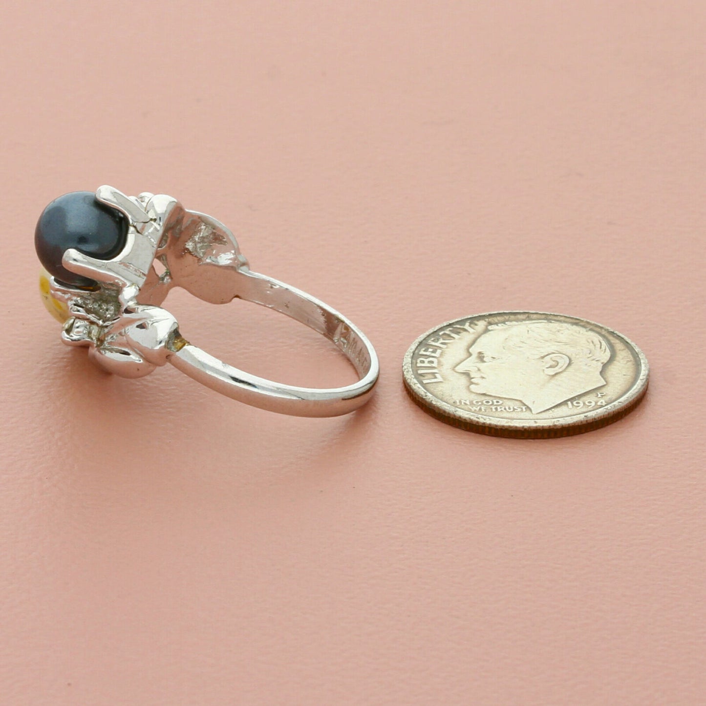 uncas white gold plated vintage pearl duo with cz accents ring size 6