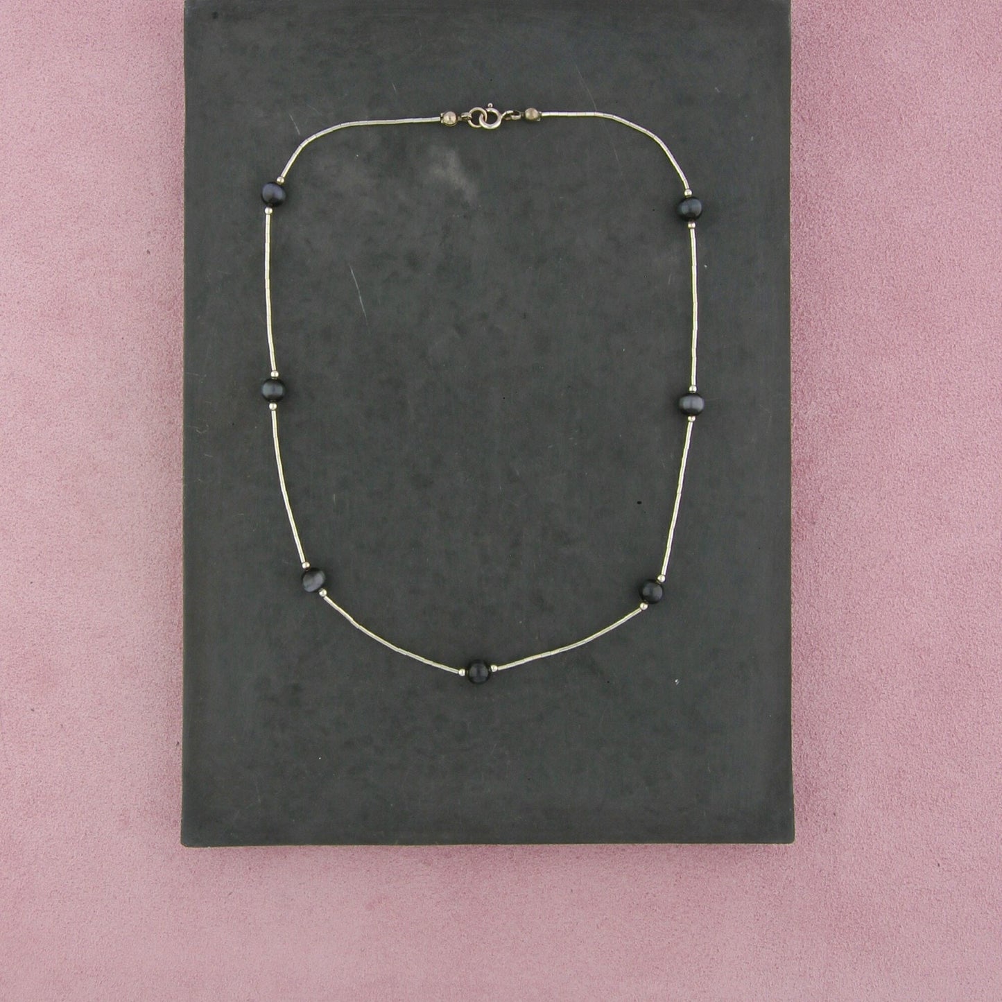 sterling silver black cats eye bead station necklace size 16in