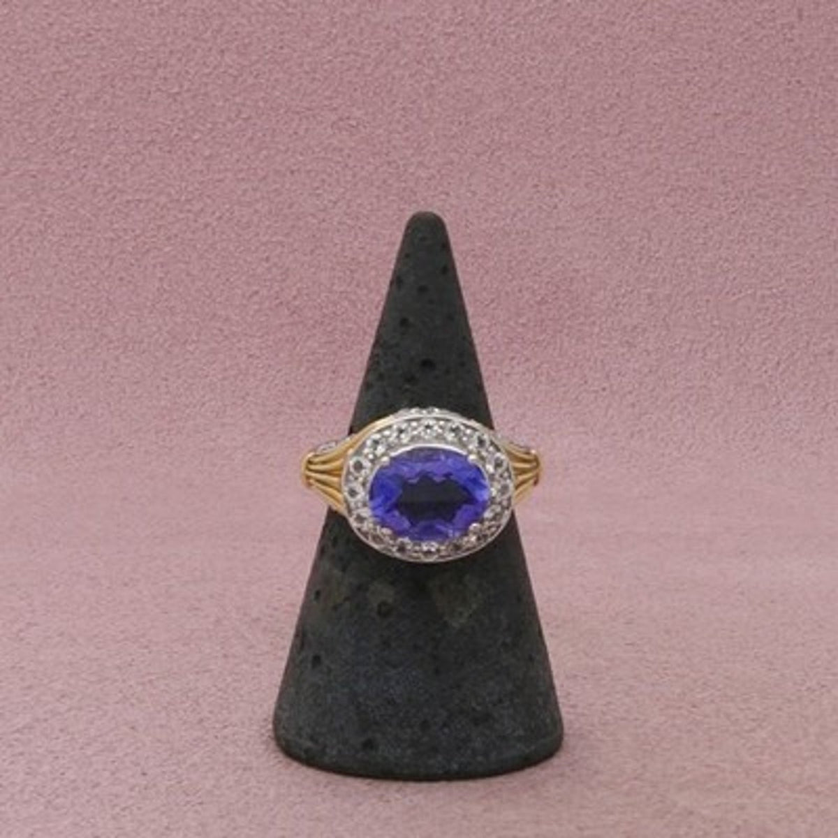 Sterling Silver Tanzanite & White Topaz Two-Tone Halo Split Shank Ring Size 6