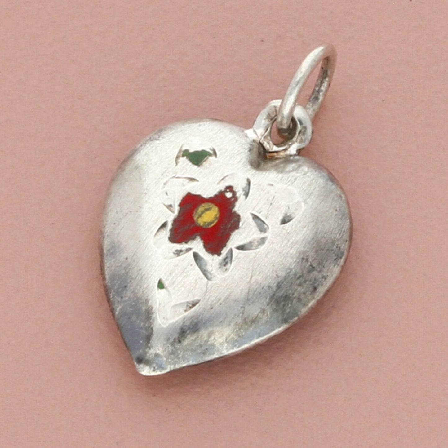 sterling silver vintage wwii enamel floral engraved sweetheart puffy heart charm