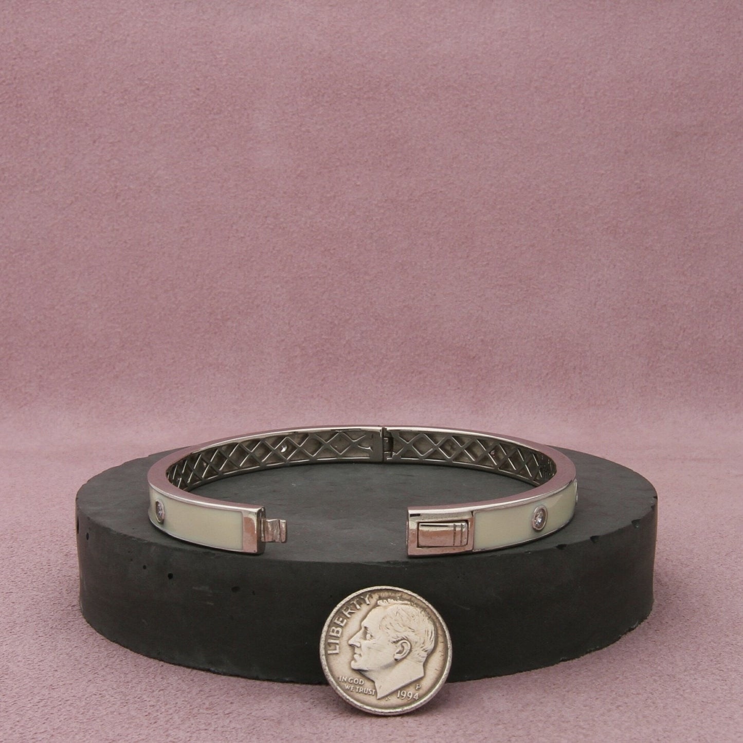 diamonique sterling silver white enamel cz hinged bracelet size 6.75in
