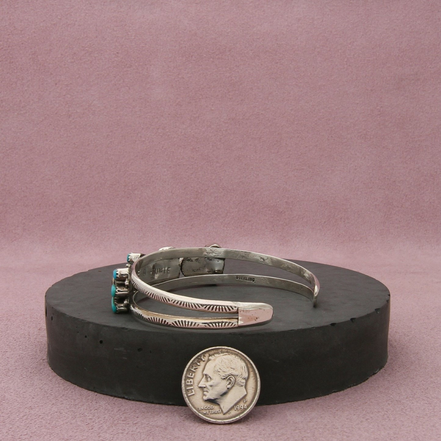 zuni sterling silver vintage signed turquoise sunface cuff bracelet size 5.75in