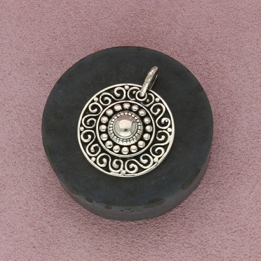 sterling silver beaded scroll disc pendant