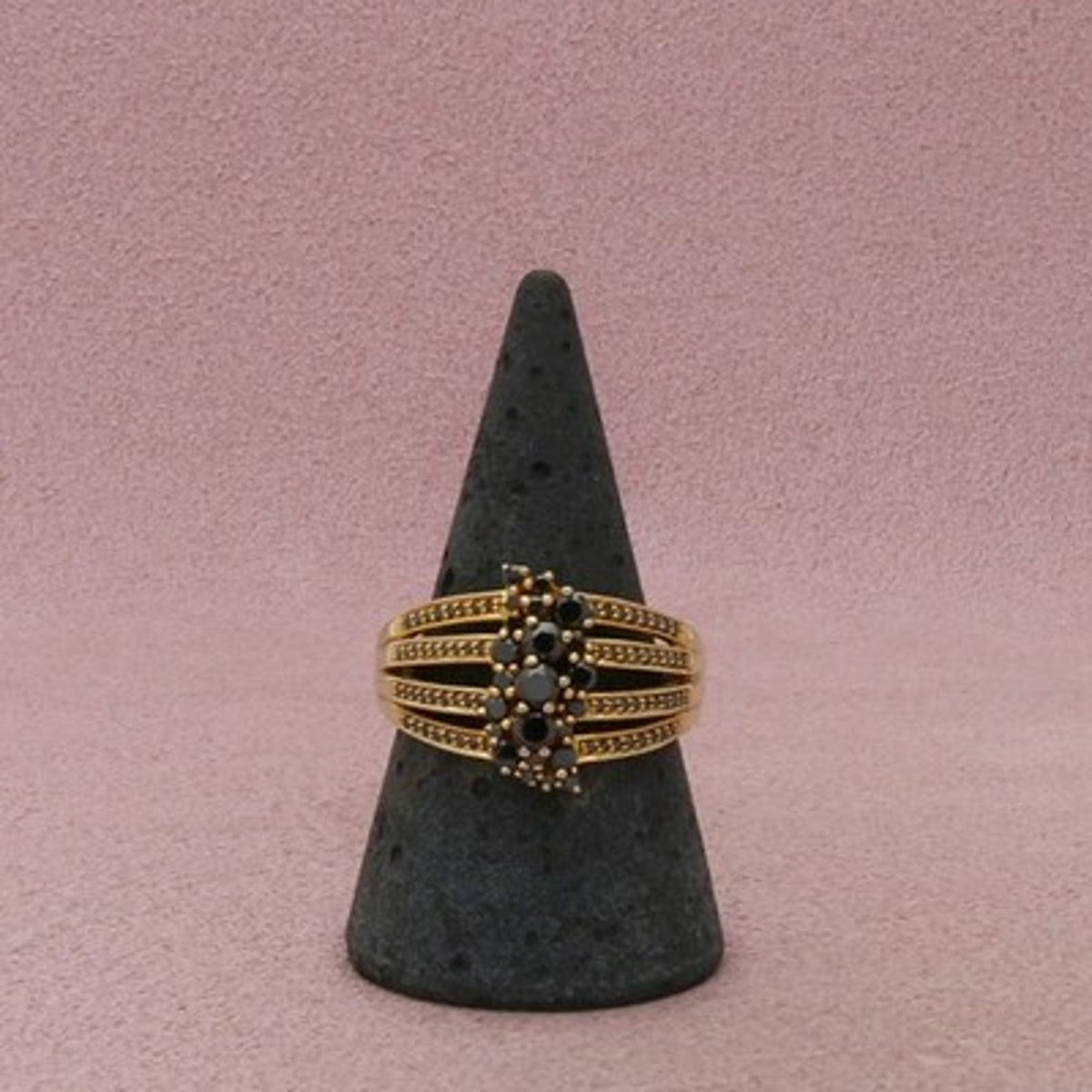 Sterling Silver Gold Plate Black Diamond Multi Row Cluster Ring Size 9.5