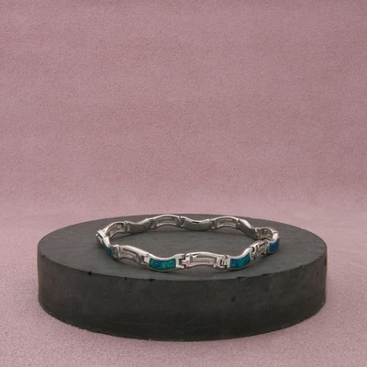 Sterling Silver Blue Opal Inlay Greek Key Bracelet Size 6.75in