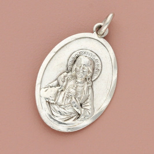 sterling silver vintage two-side st catherine of siena & jesus medal pendant