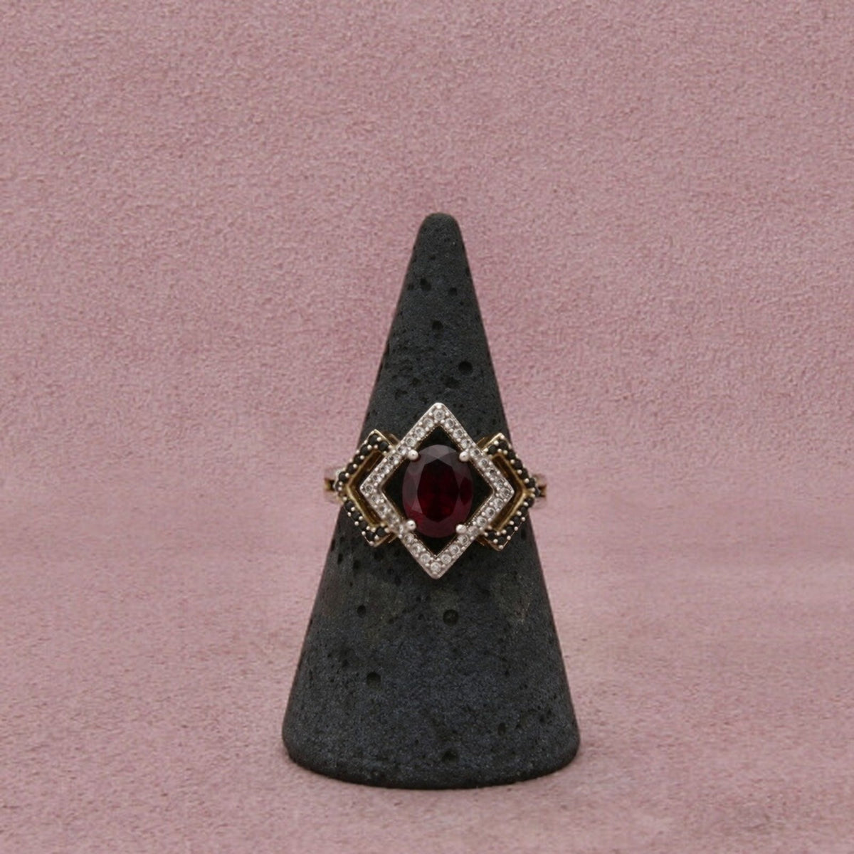 Sterling Silver Gold Plate Garnet & Cz & Black Spinel Geometric Halo Ring 7
