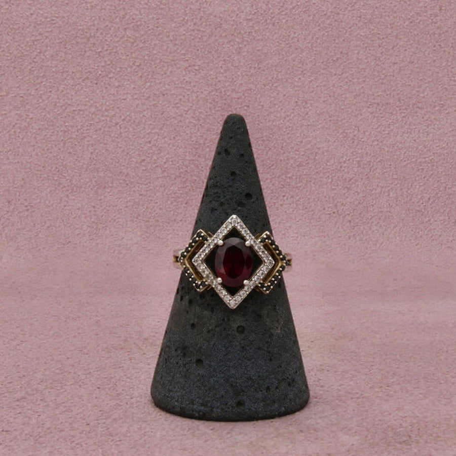 Sterling Silver Gold Plate Garnet & Cz & Black Spinel Geometric Halo Ring 7