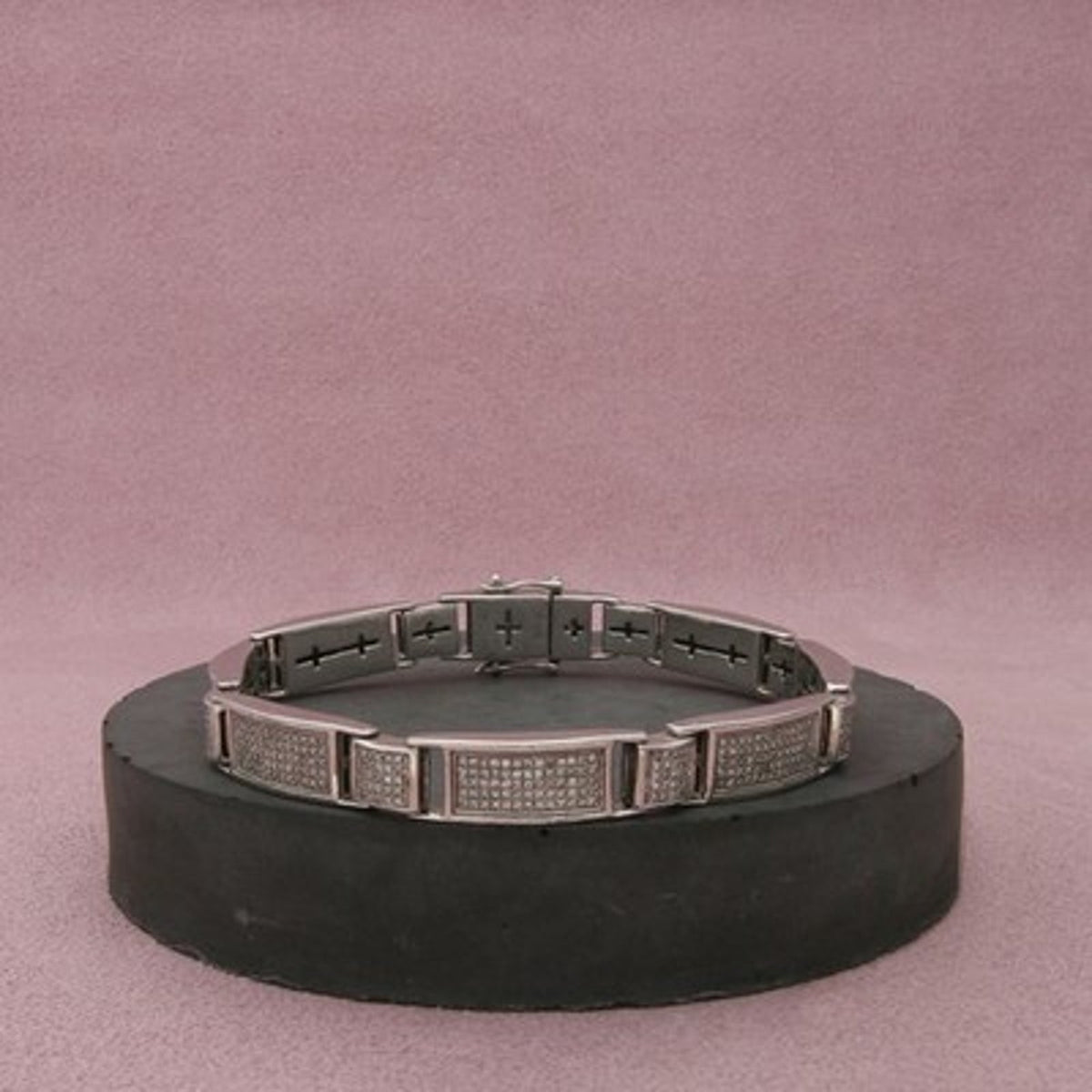 Sterling Silver Men's Iced Out Diamond Grid Panel Bracelet Size 7.75in