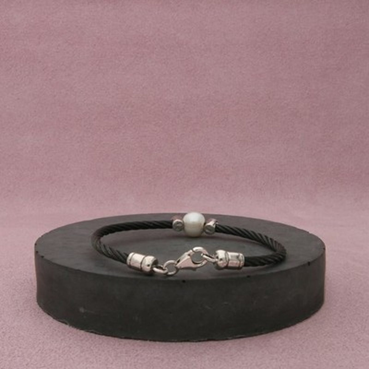 Sterling Silver & Stainless Steel White Pearl & Diamond Bracelet Size 6in