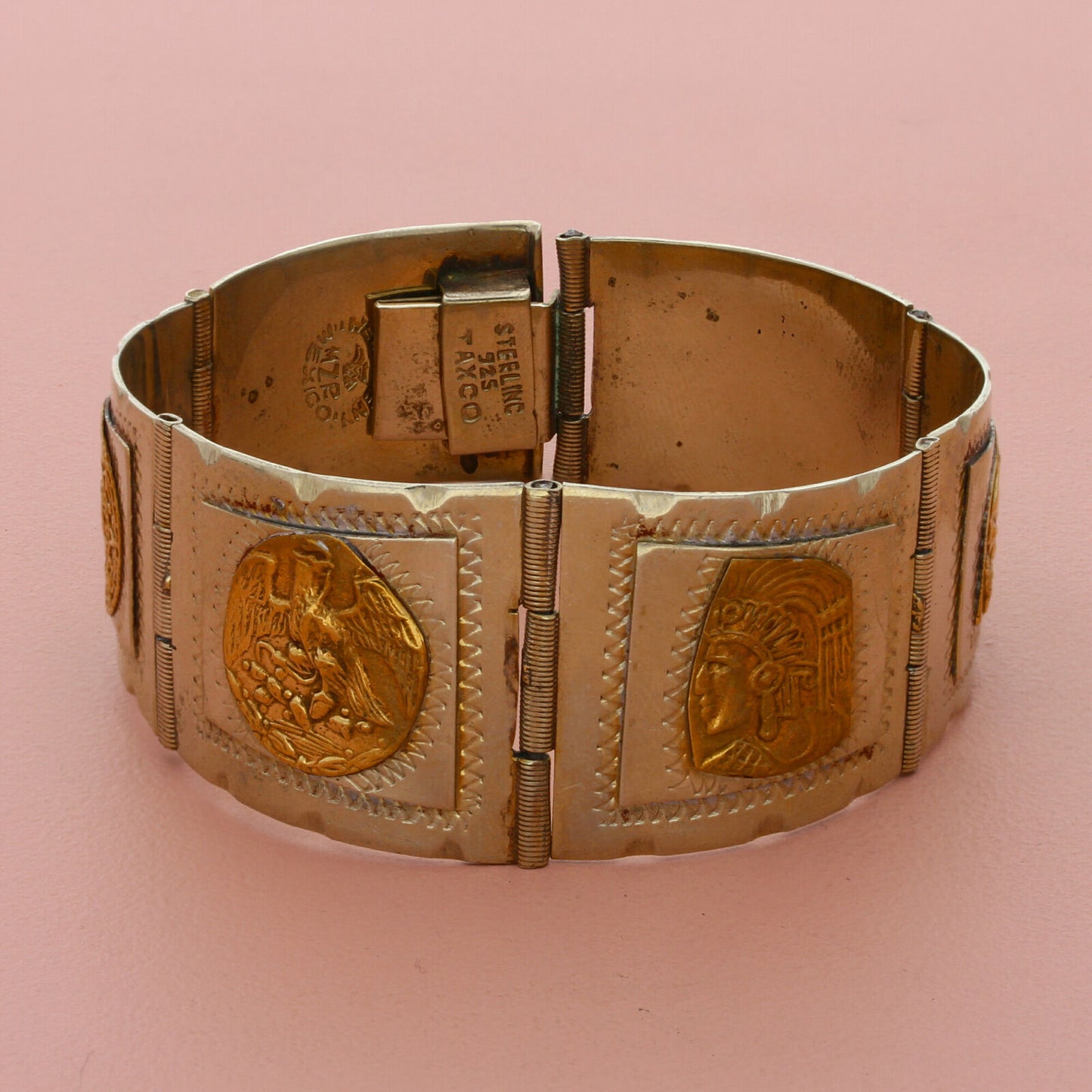 taxco mexico alpaca brass vintage aztec panel link bracelet size 6.5in