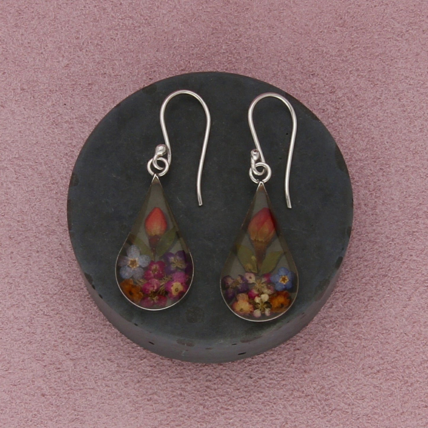 sterling silver pressed flowers tear drop dangle earrings