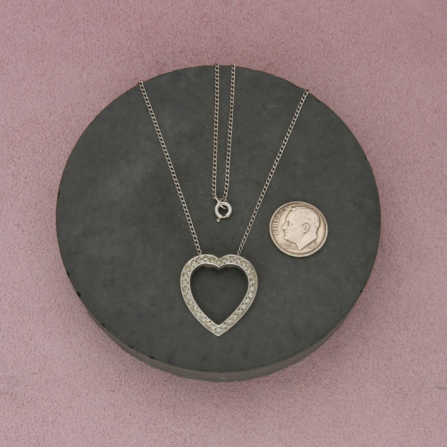 sterling silver vintage paste stone heart necklace size 15.5in