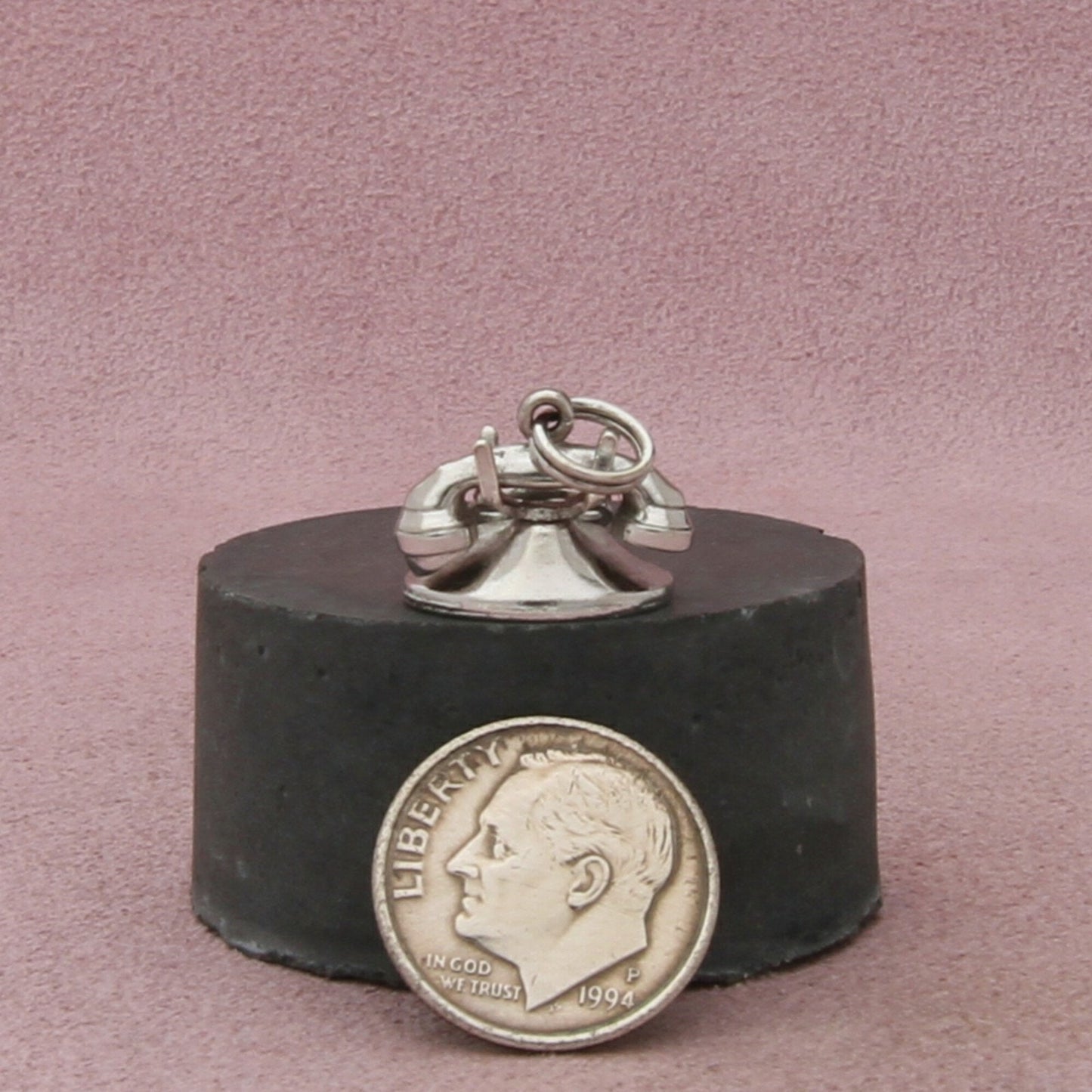sterling silver vintage 3d rotary dial telephone (moves) charm pendant