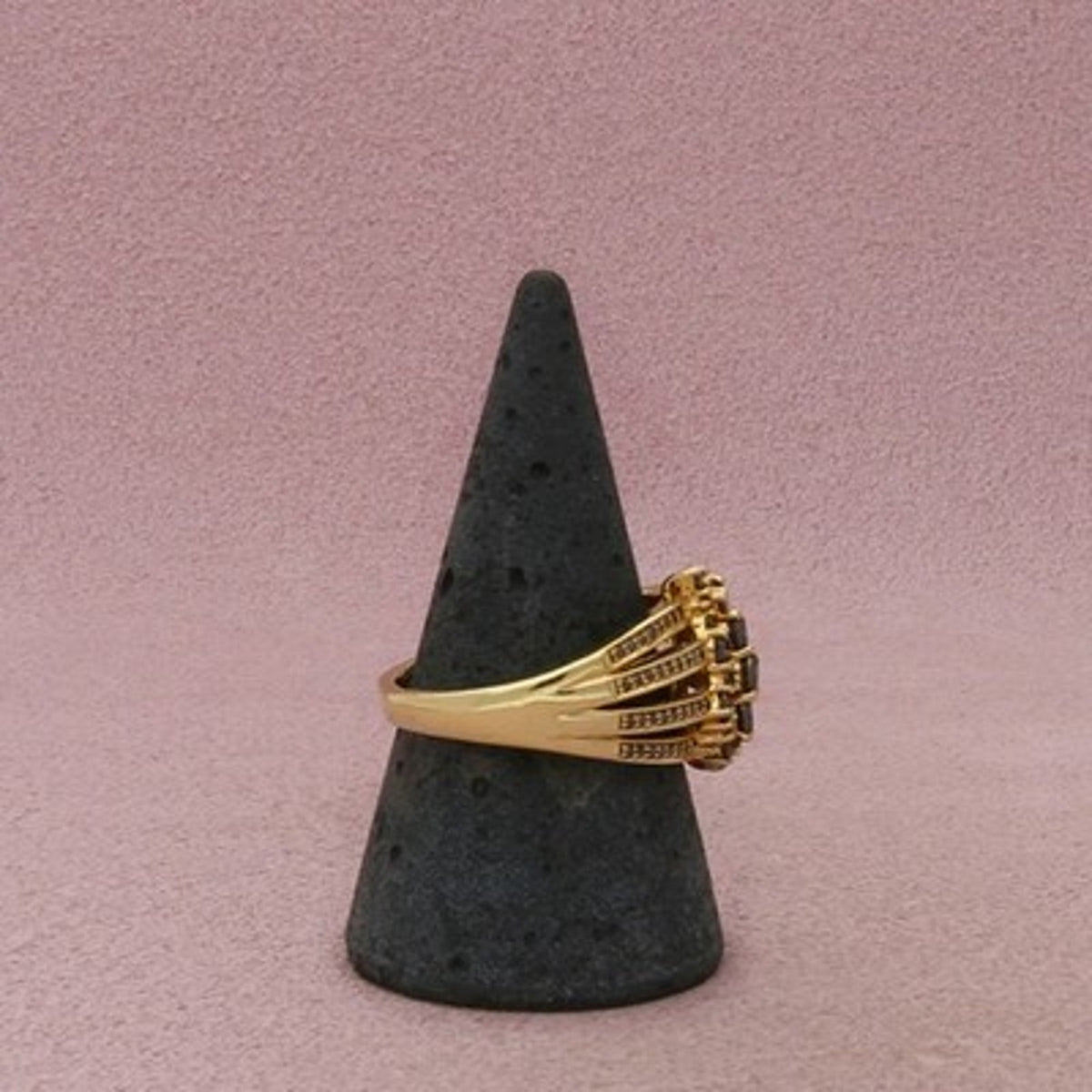 Sterling Silver Gold Plate Black Diamond Multi Row Cluster Ring Size 9.5