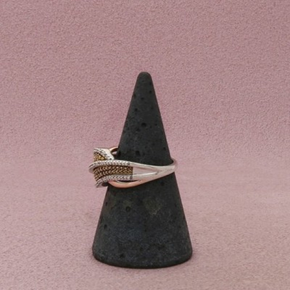 Danbury Mint Sterling Silver Two Tone Diamond Wave Beaded Detail Ring Size 6.75