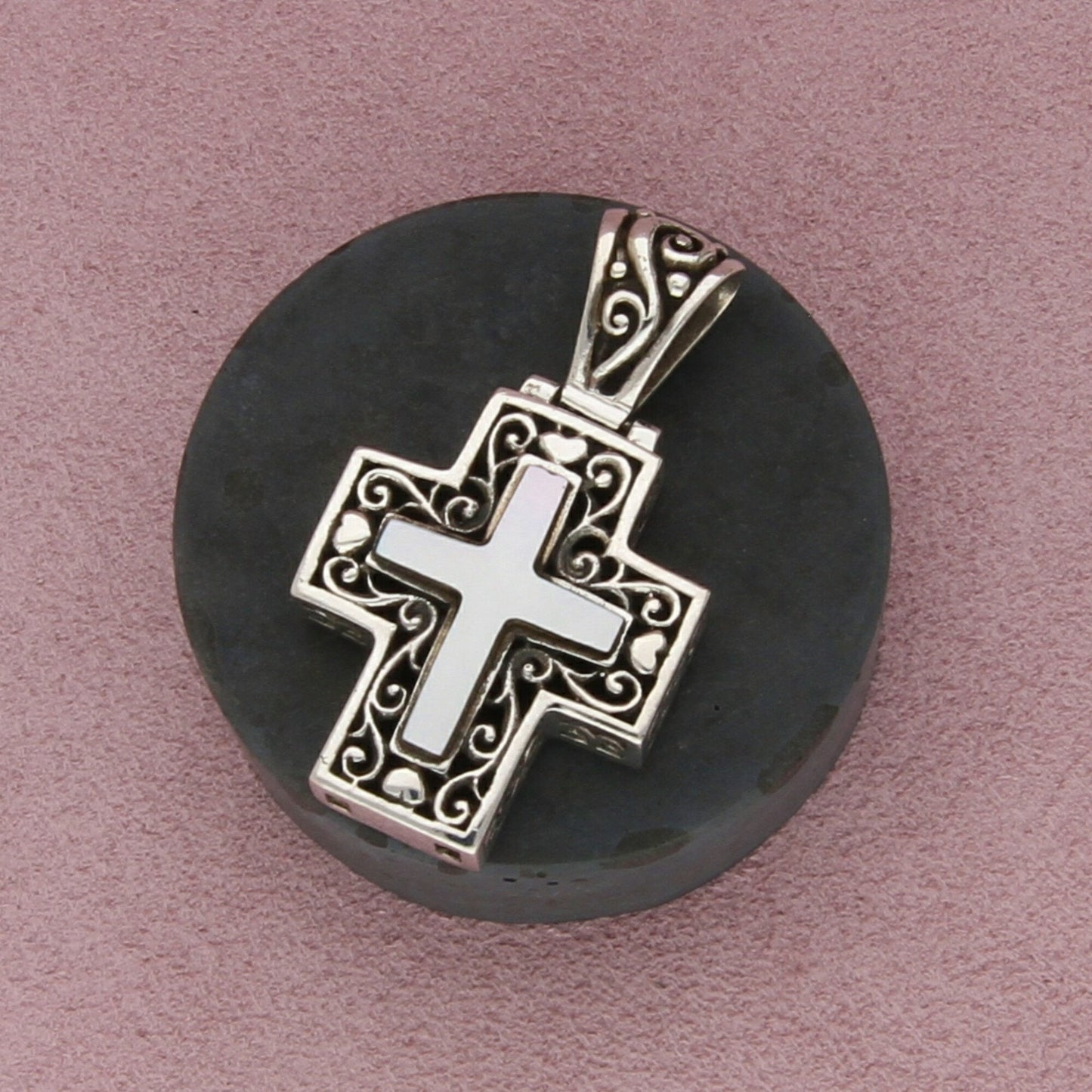 sterling silver chunky two-sided onyx & mother of pearl scroll cross pendant