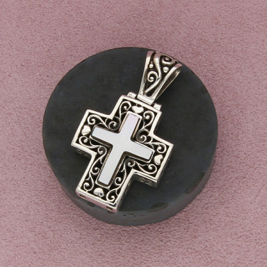 sterling silver chunky two-sided onyx & mother of pearl scroll cross pendant