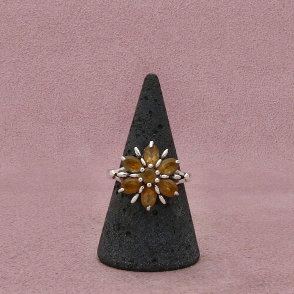 Sterling Silver Citrine Floral Cluster Petal Motif Prong-Set Ring Size 8