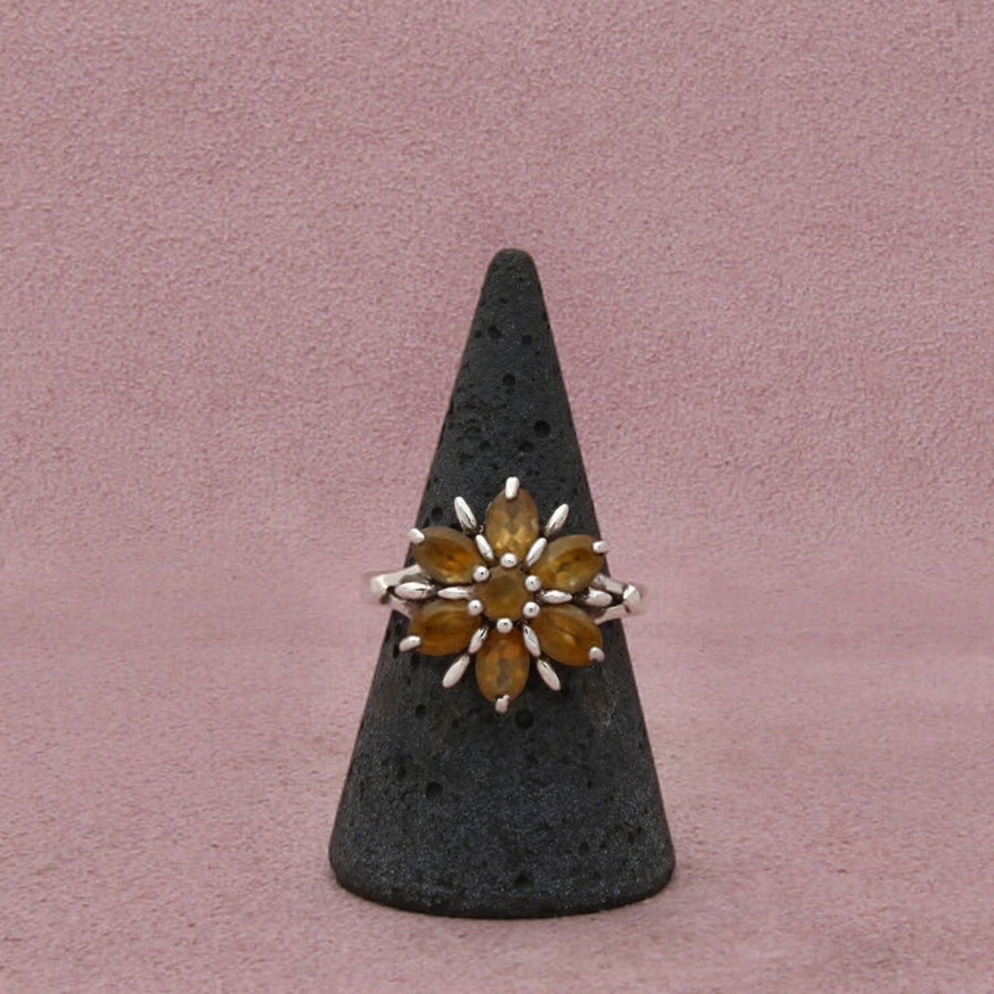 Sterling Silver Citrine Floral Cluster Petal Motif Prong-Set Ring Size 8