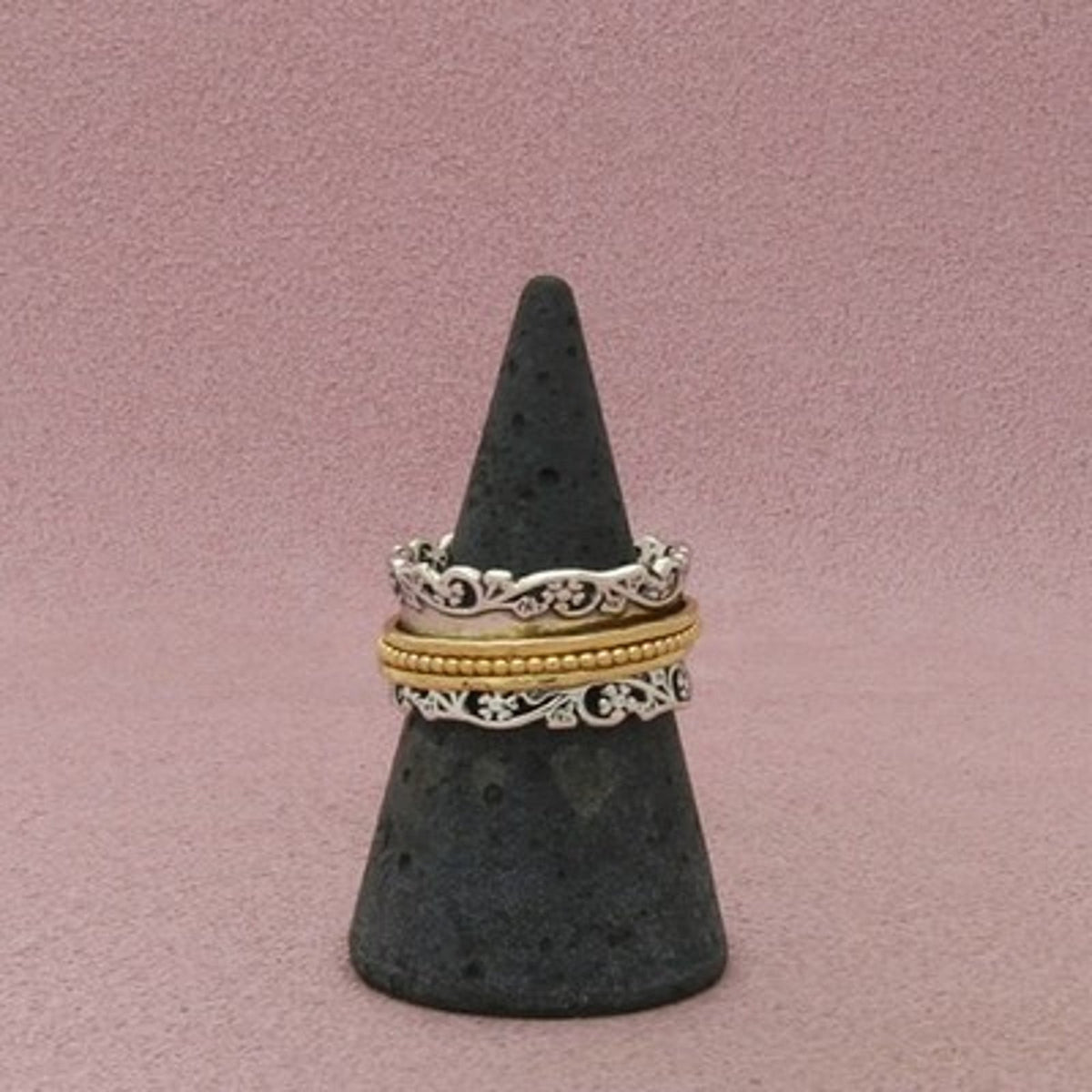 Or Paz Sterling Silver Two-Tone Floral Spinner Band Ring Size 7.5