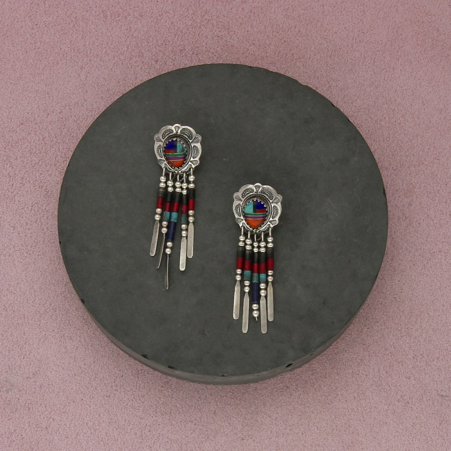 quoc turquoise sterling silver southwestern concho fringe dangle earrings