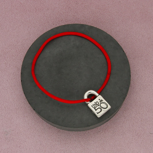 uno de 50 silver plated large padlock on red cord bracelet size 8in