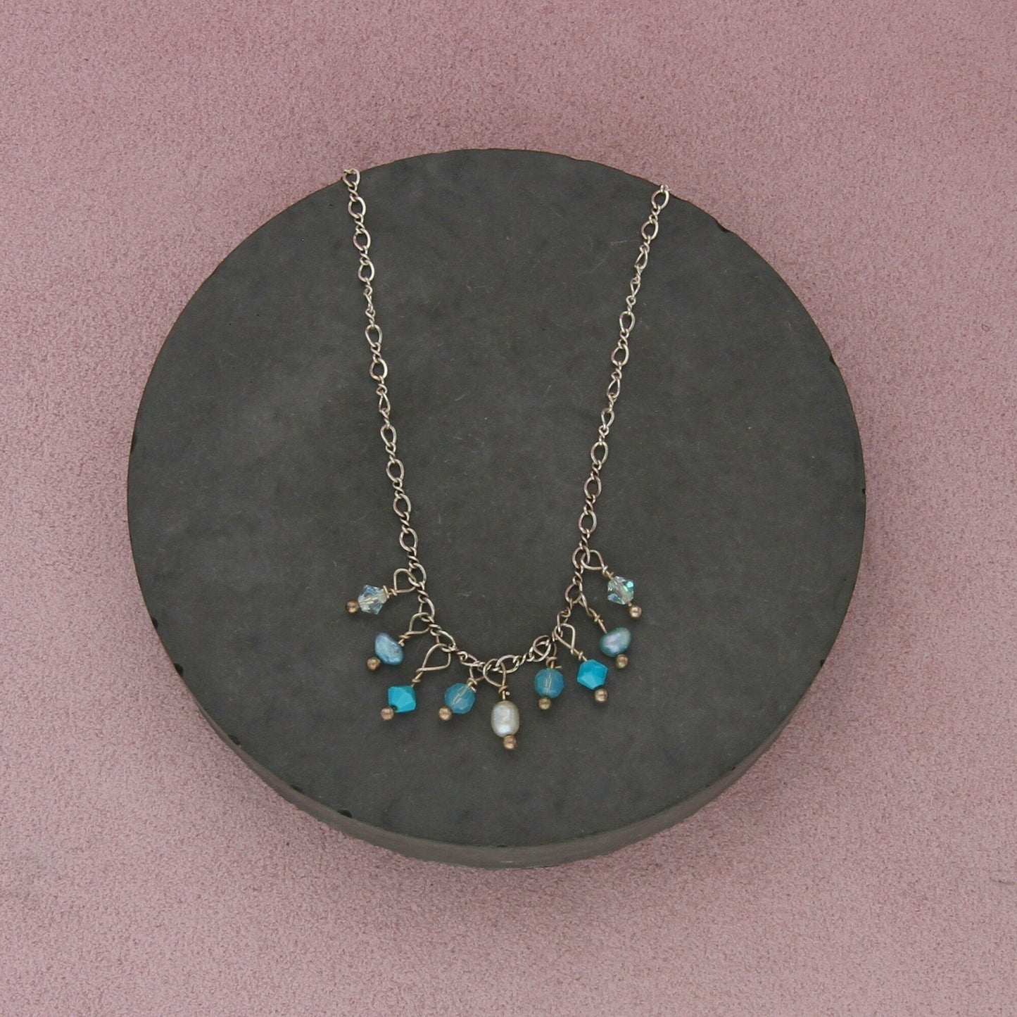 sterling silver dainty pearl & blue bead necklace size 16in