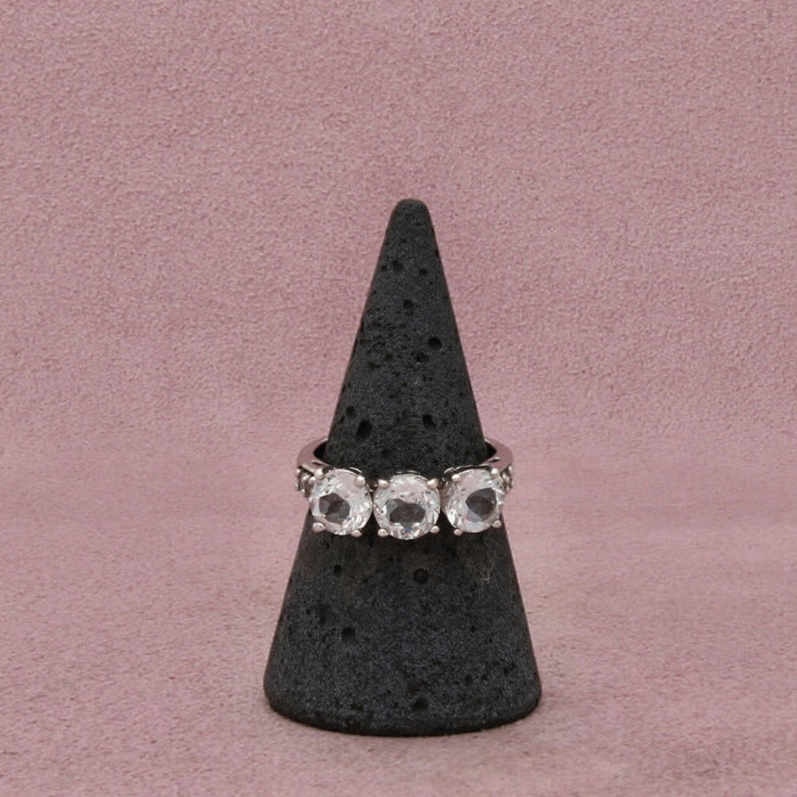 Sterling Silver White Topaz Three Stone Round-Cut Prong-Set Ring Size 7