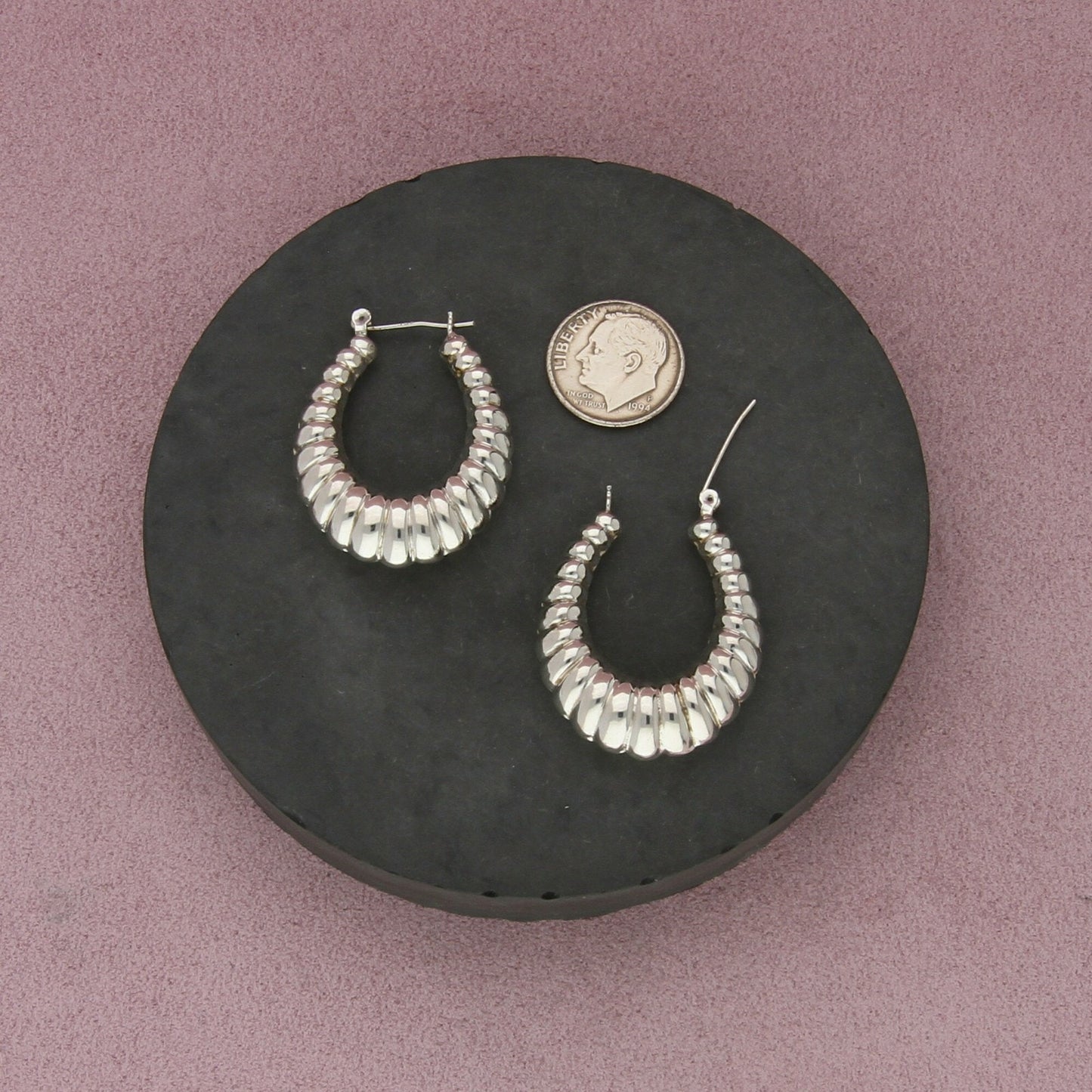 sterling silver vintage puffy scalloped shrimp hoop earrings