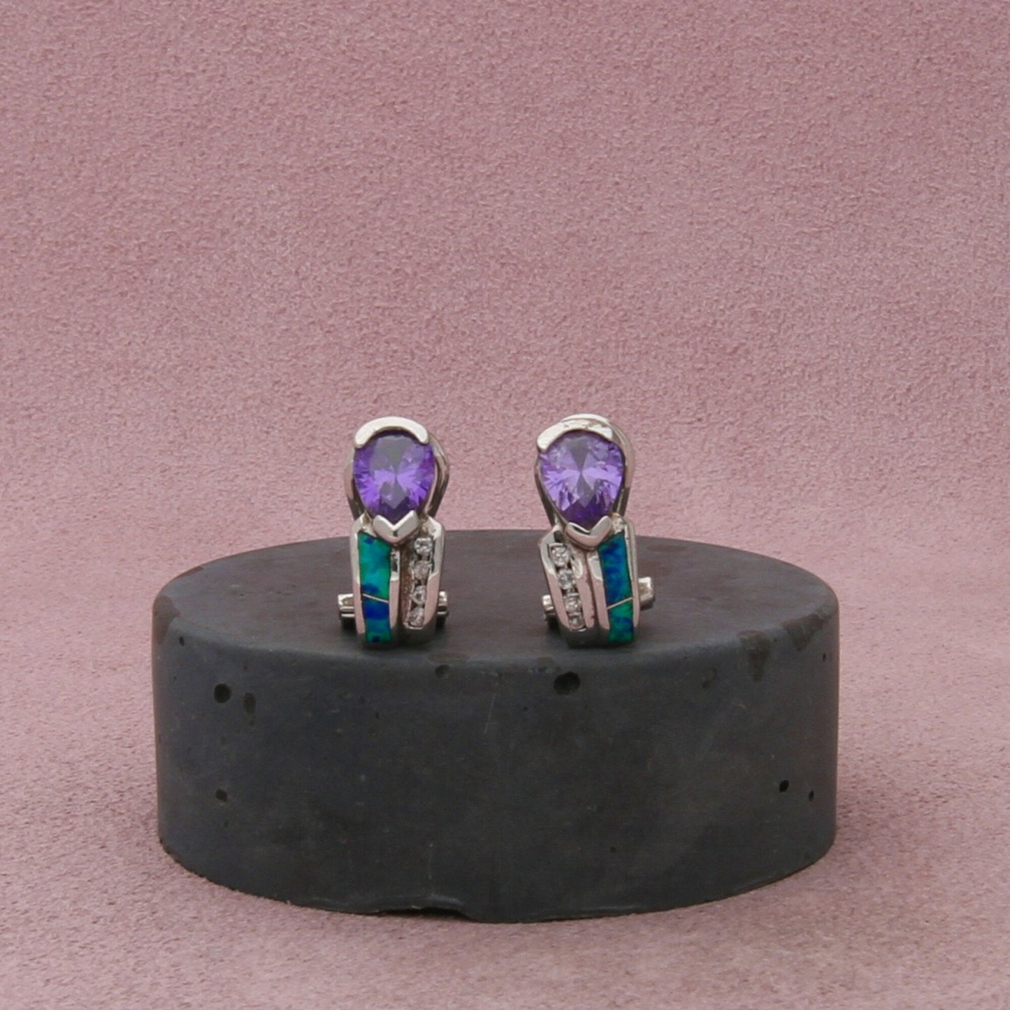 sterling silver purple & clear cz opal omega-back earrings