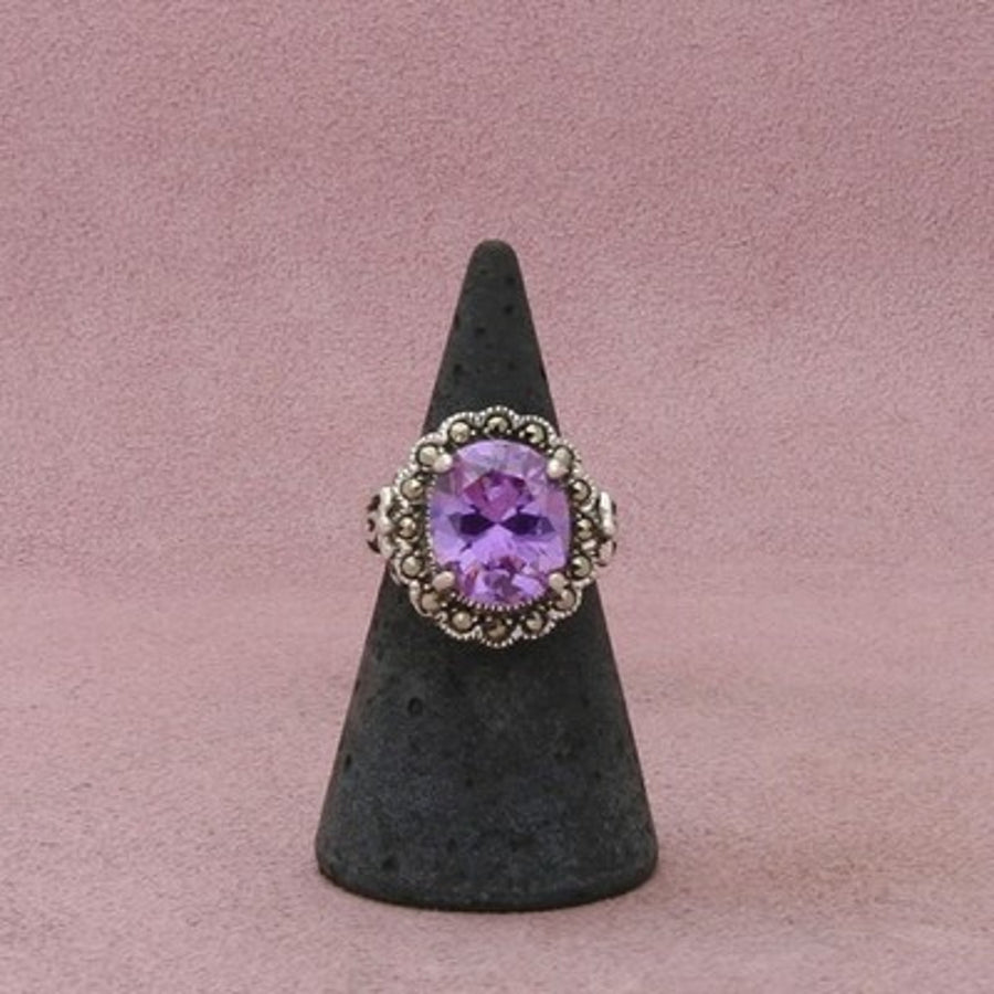Sterling Silver Marcasite Studded Purple Cz Ring Size 5.75