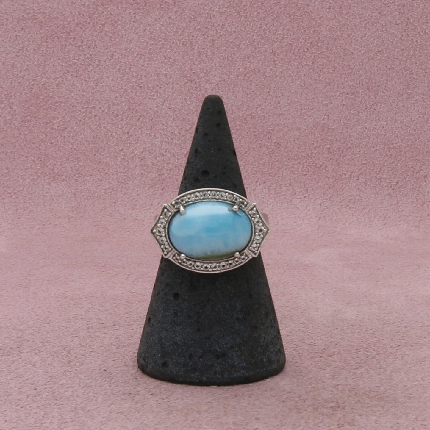 sterling silver blue larimar cabochon & white topaz halo ring size 6