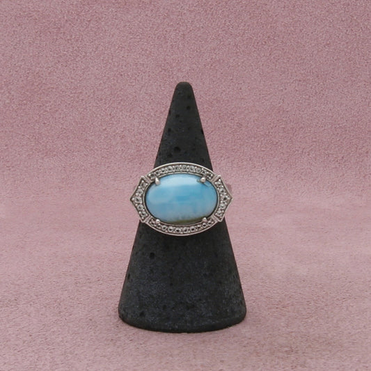 sterling silver blue larimar cabochon & white topaz halo ring size 6